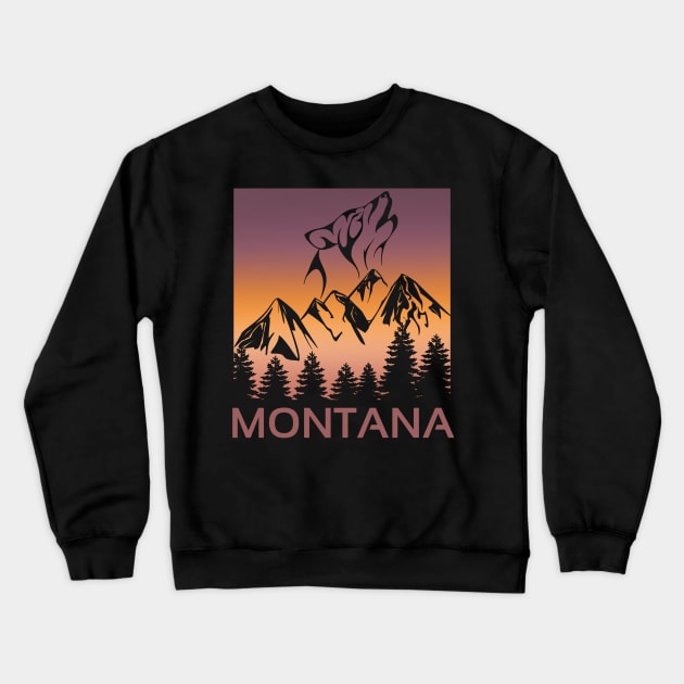 Montana Sunset Wolf Howling at The Moon Trees and Mountains Crewneck Sweatshirt by jackofdreams22